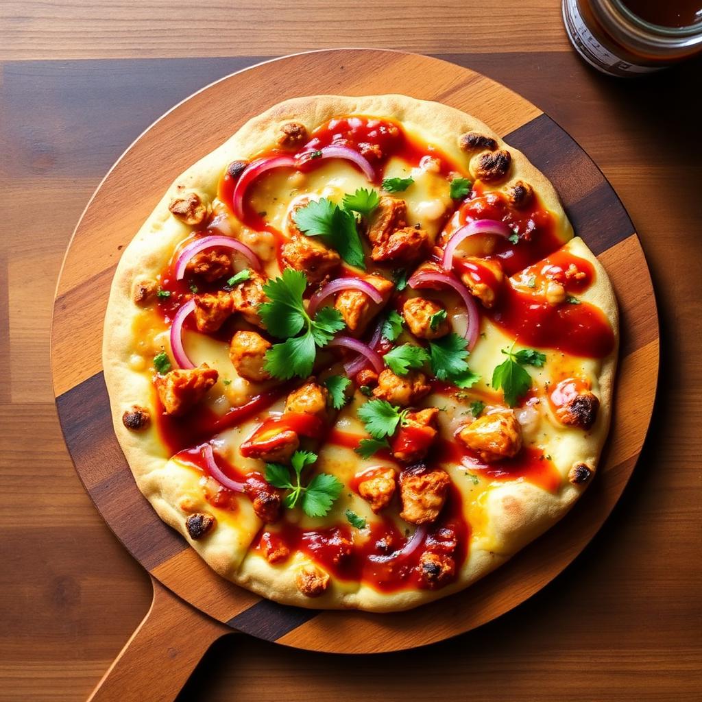BBQ chicken pizza on a wooden board