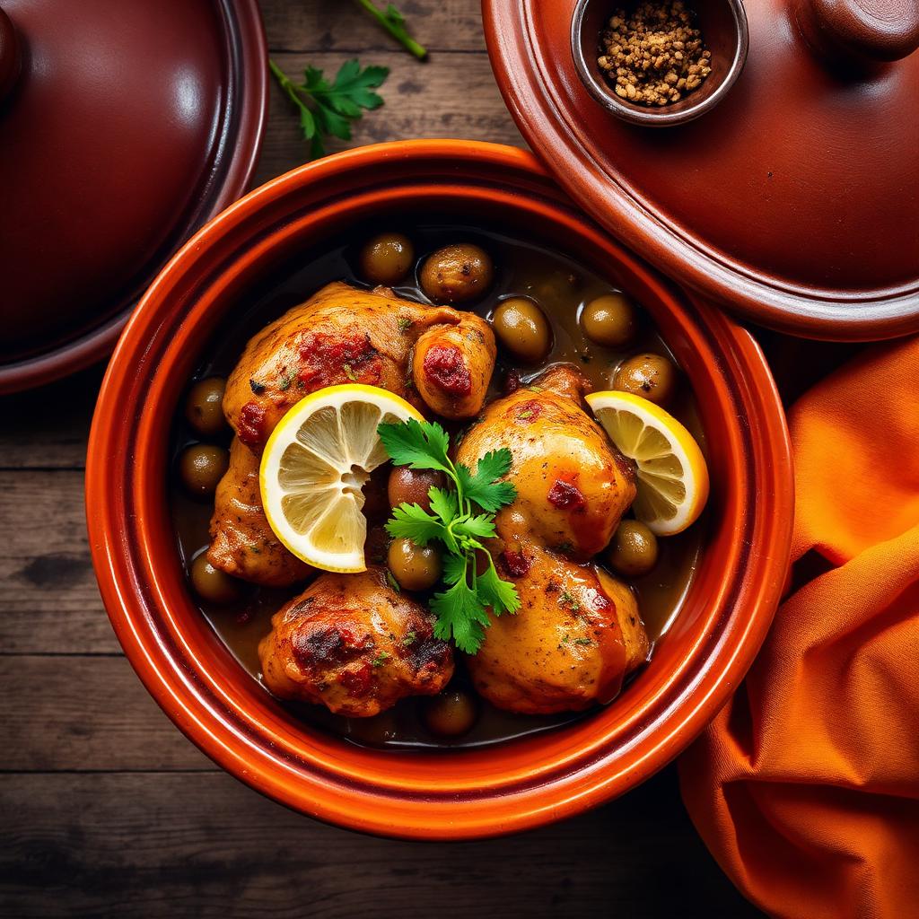 Chicken tagine with preserved lemon and olives in a clay pot
