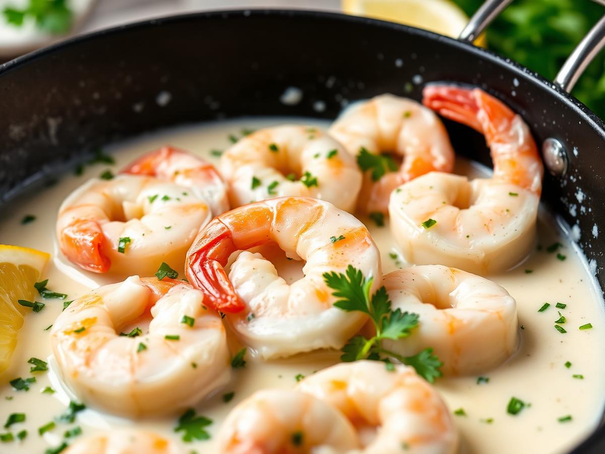 Creamy garlic shrimp in a pan
