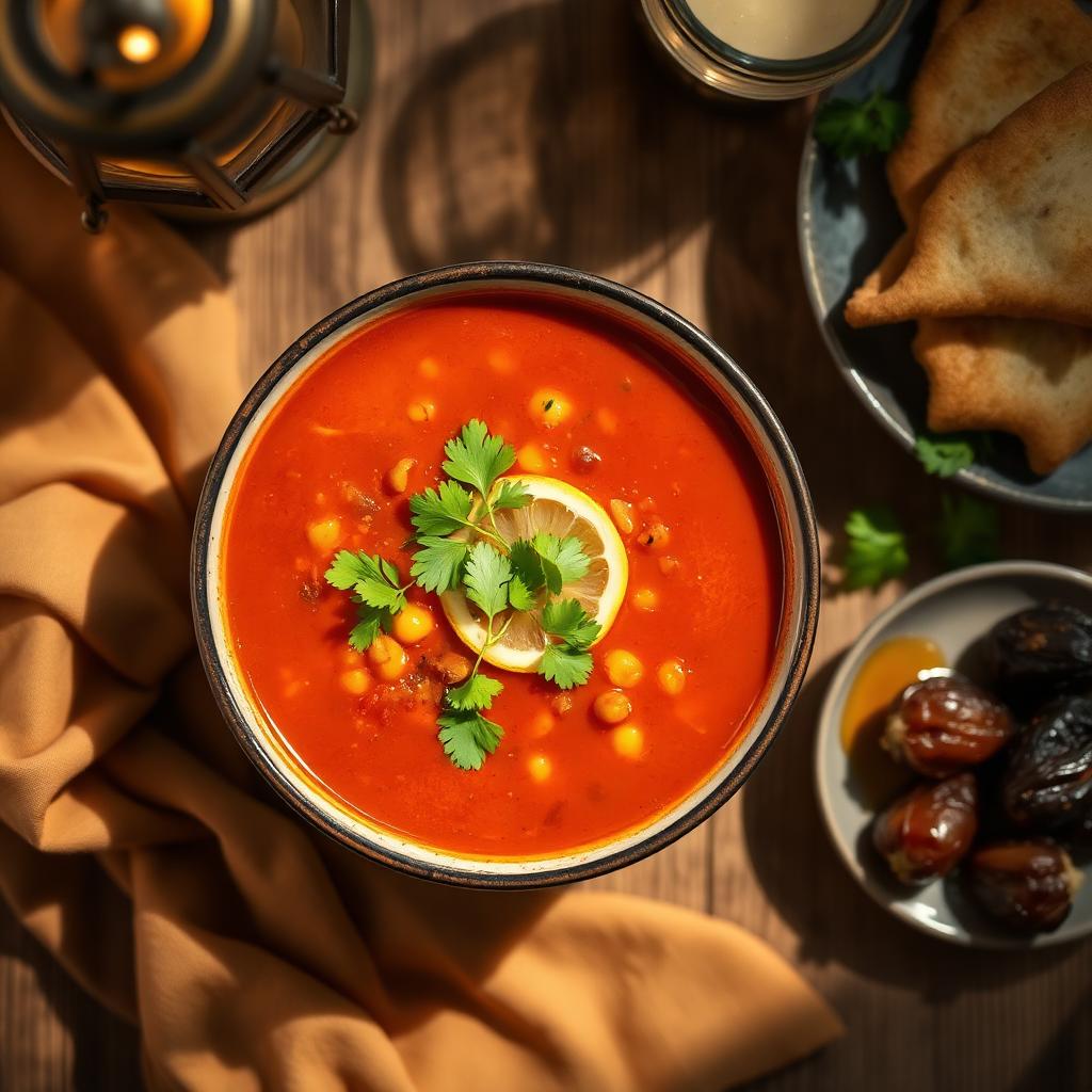 Bowl of Moroccan harira soup with lemon and cilantro
