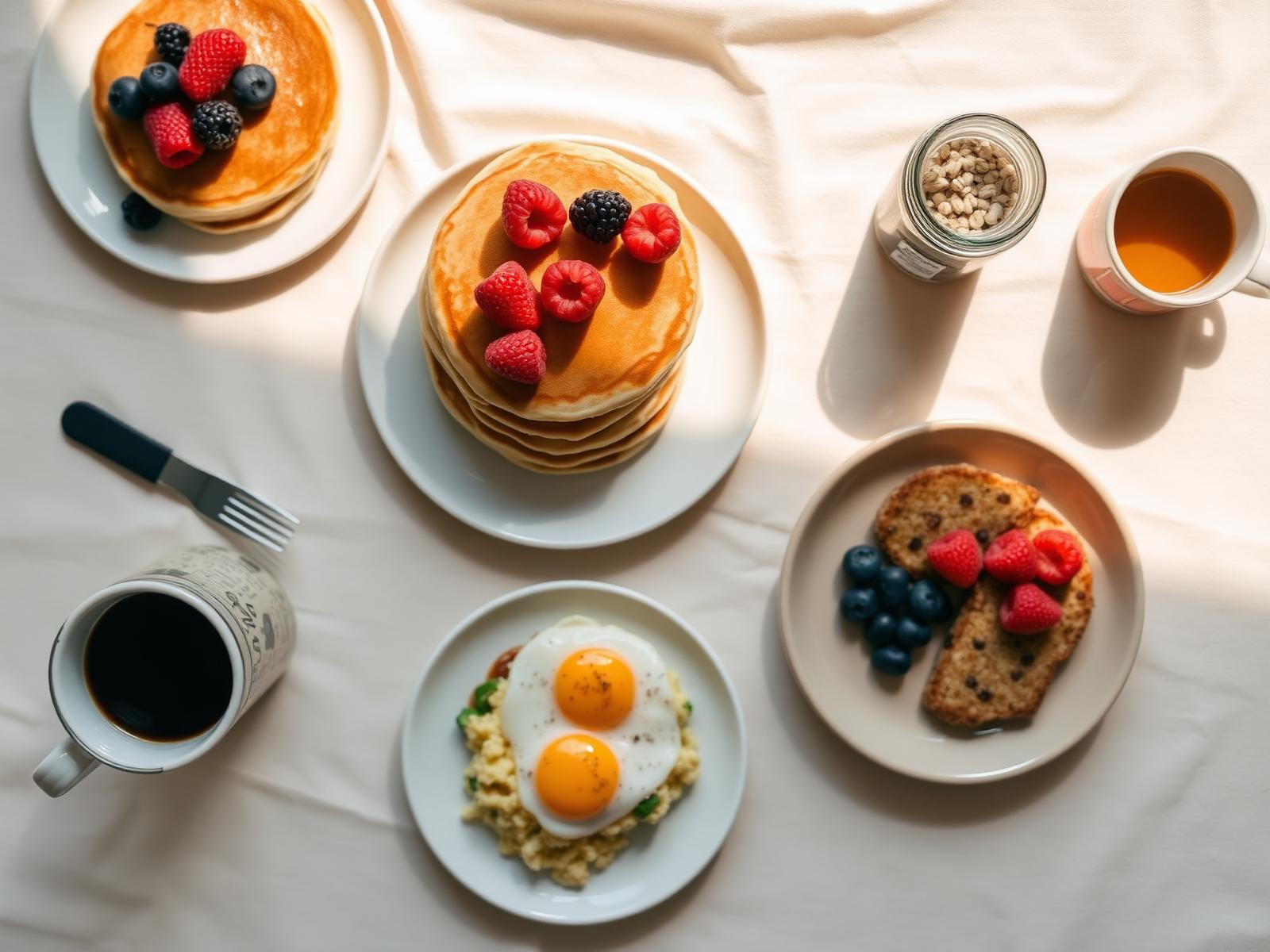 An overhead breakfast spread with pancakes, overnight oats, eggs and coffee