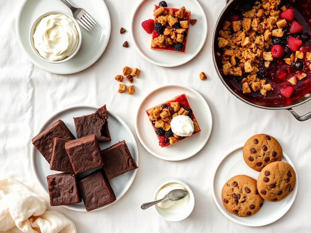 An overhead spread of brownies, berry crumble, lemon bars and chocolate chip cookies
