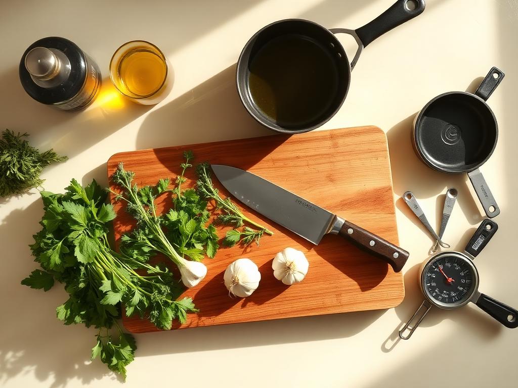 A wooden board with a chef knife, fresh herbs, garlic, olive oil and a food thermometer