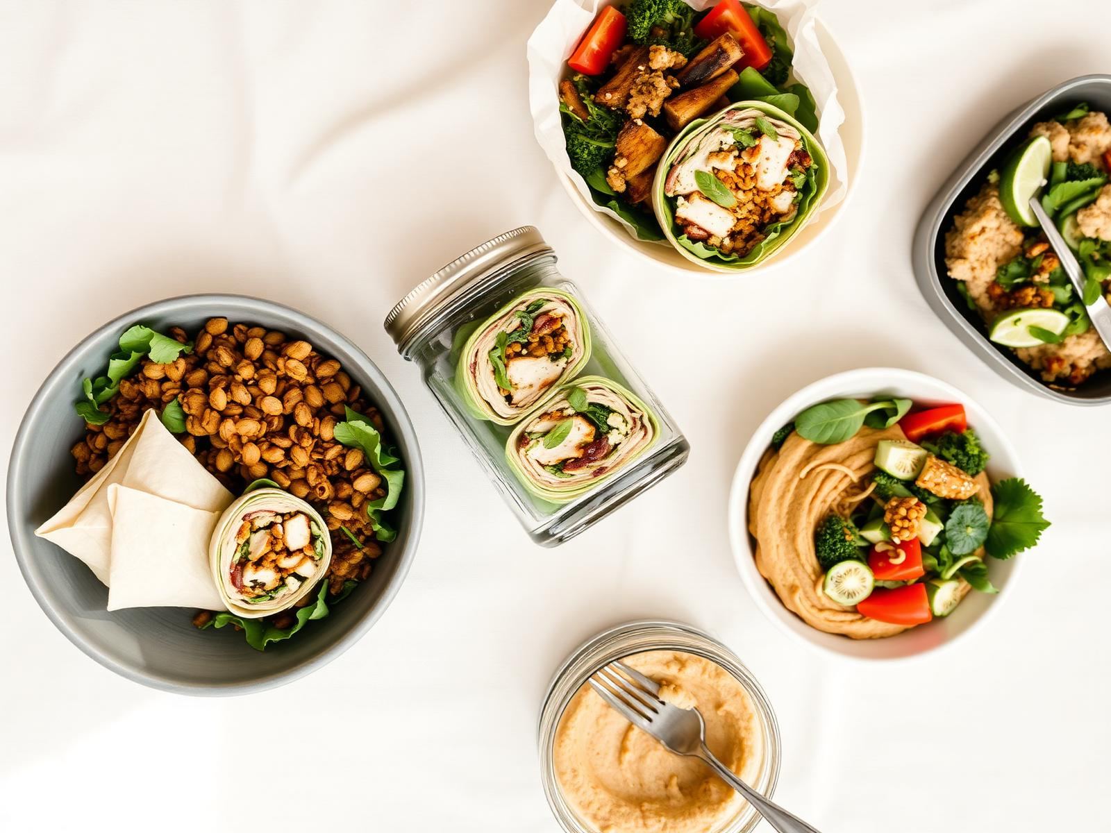 An overhead spread of healthy lunches including grain bowls, wraps and salad jars