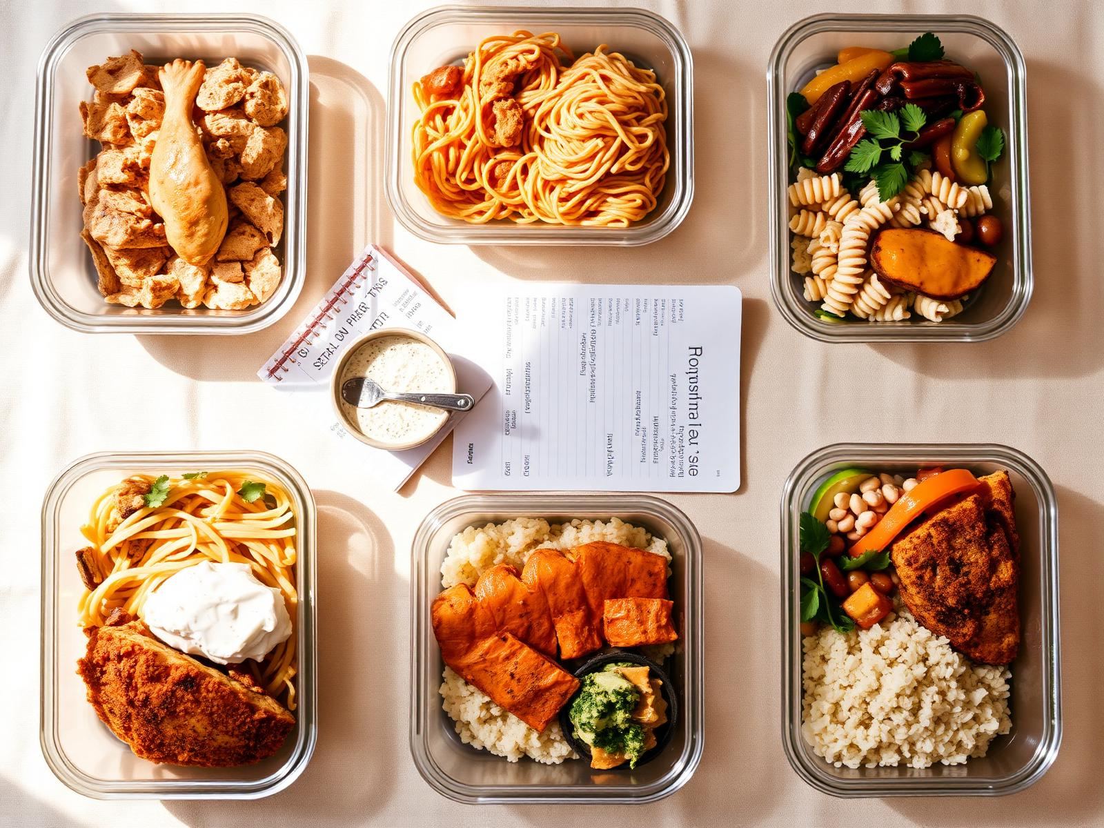 Seven prepared family dinners in containers with a weekly menu notepad