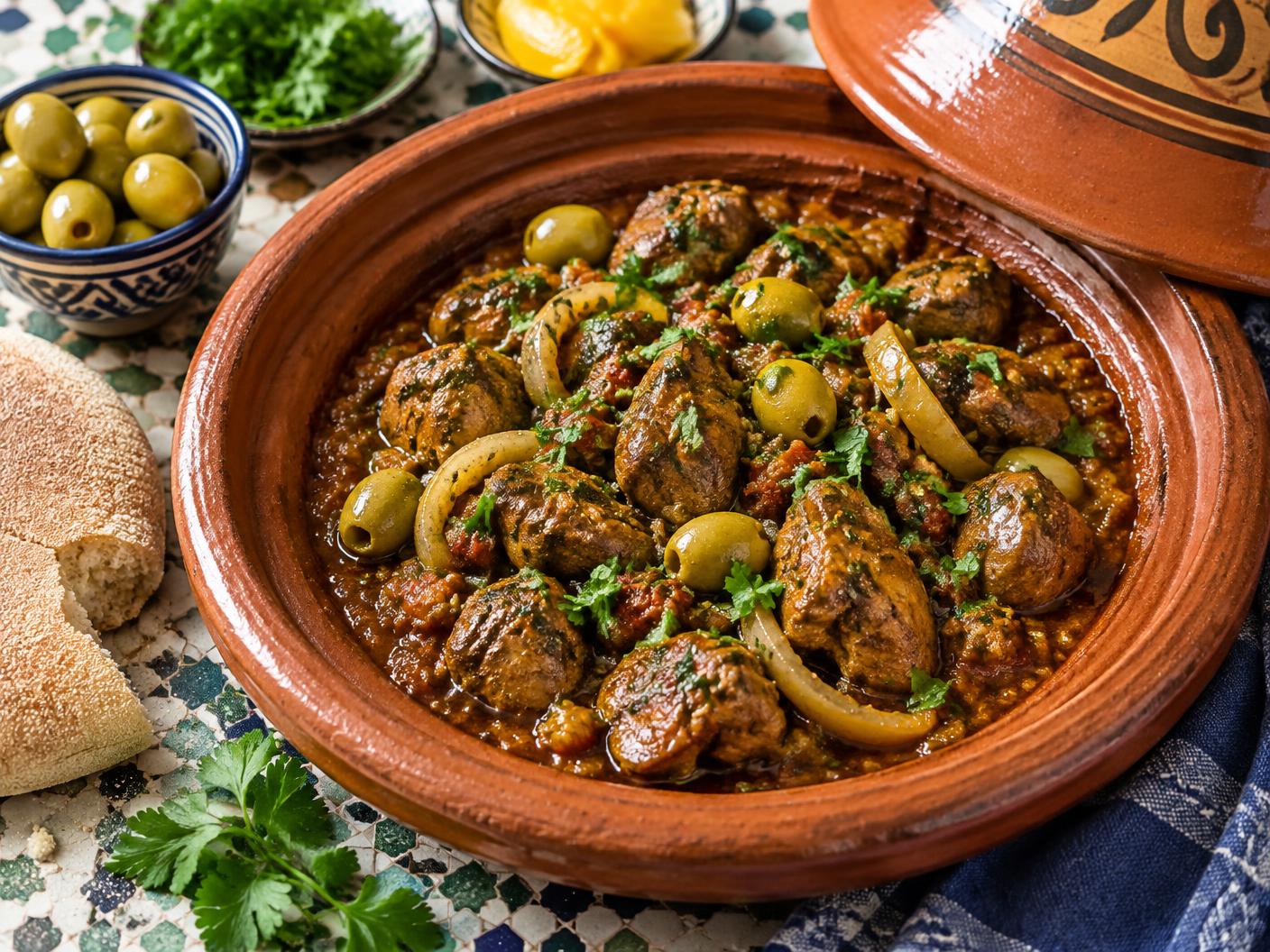 Moroccan chicken liver tagine with olives, preserved lemon and herbs