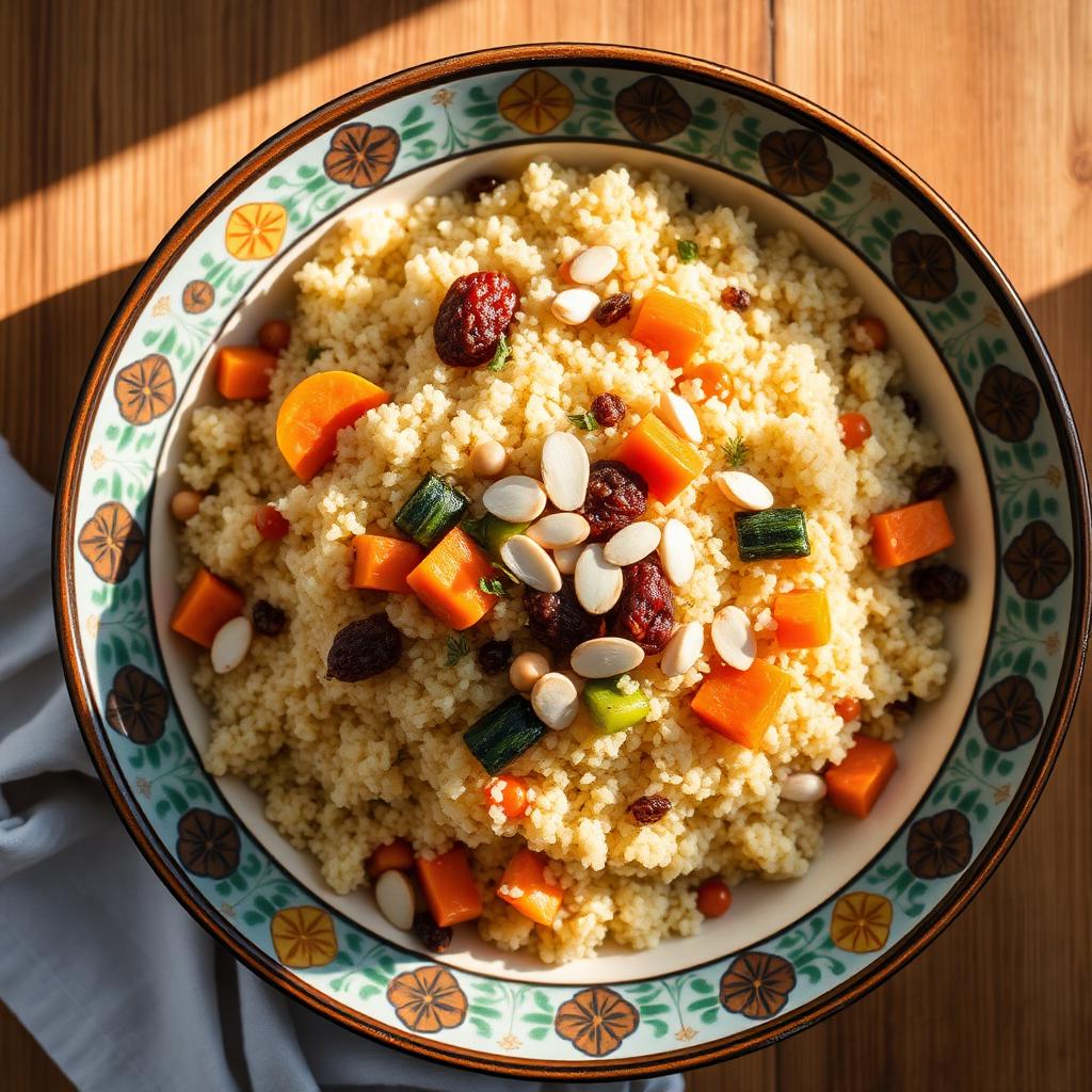 Moroccan couscous with vegetables, raisins and almonds