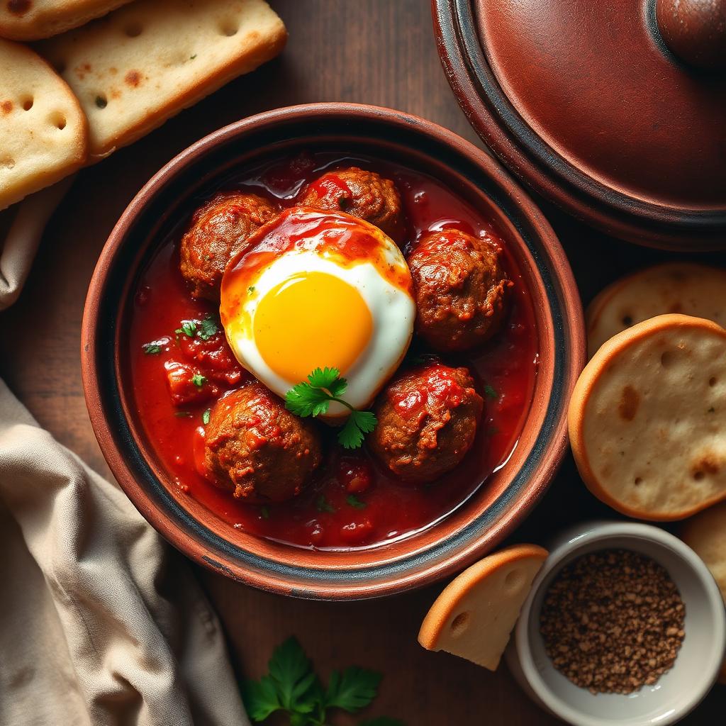 Moroccan kefta meatballs in tomato sauce with an egg