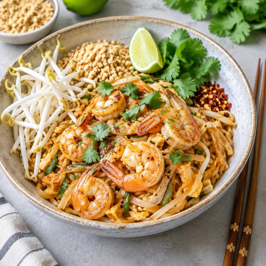 Thai shrimp pad thai with bean sprouts, peanuts and lime