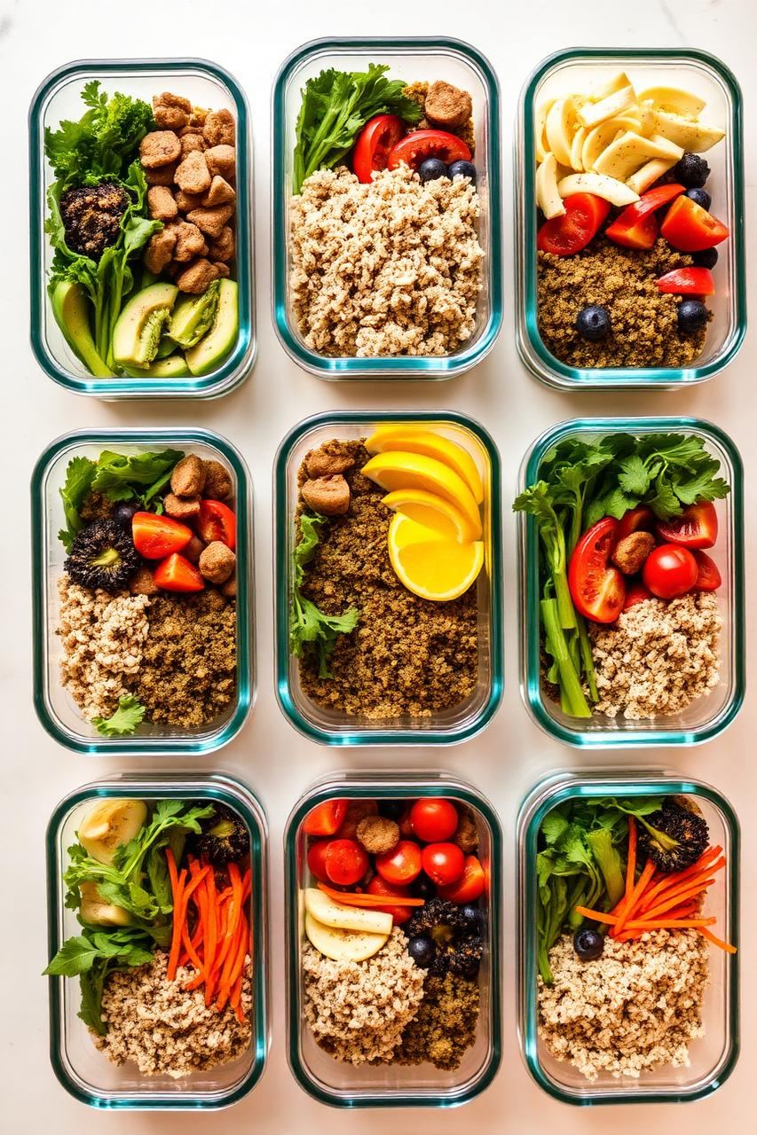 Seven prepared meals in containers