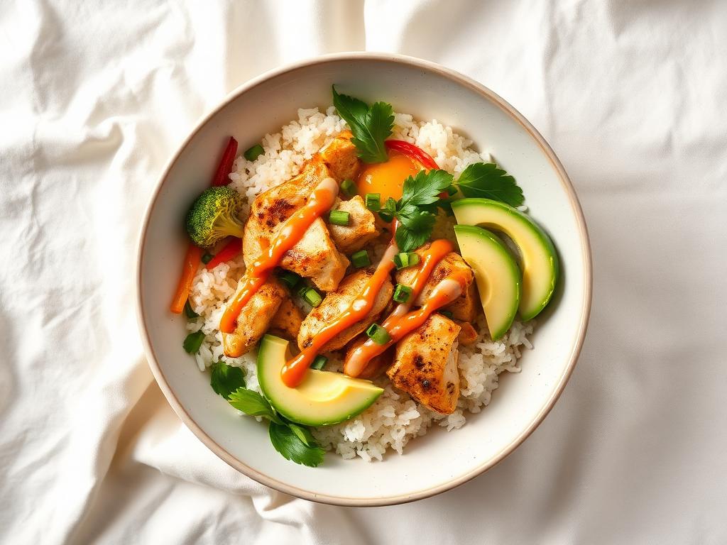 Chicken rice bowl with avocado