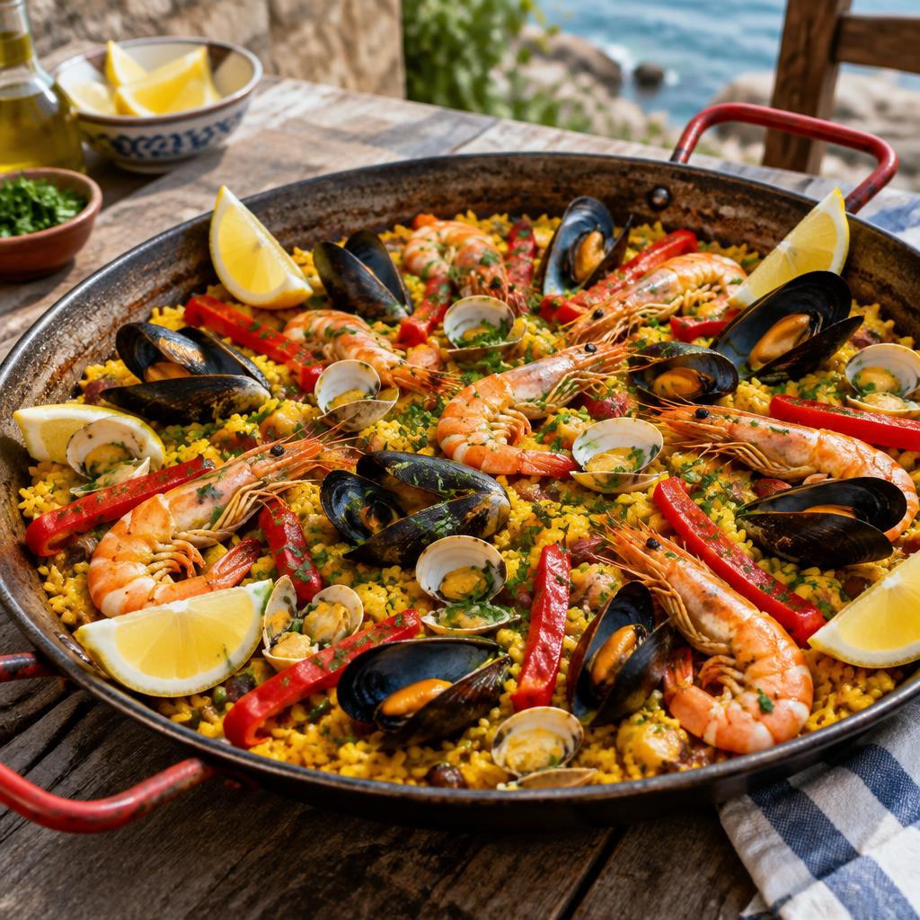 Spanish seafood paella with shrimp, mussels and lemon in a paella pan