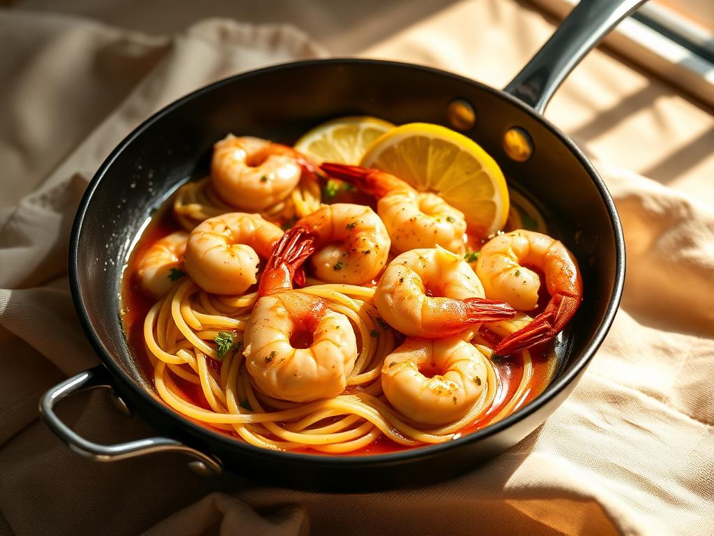 Garlic shrimp pasta in a pan
