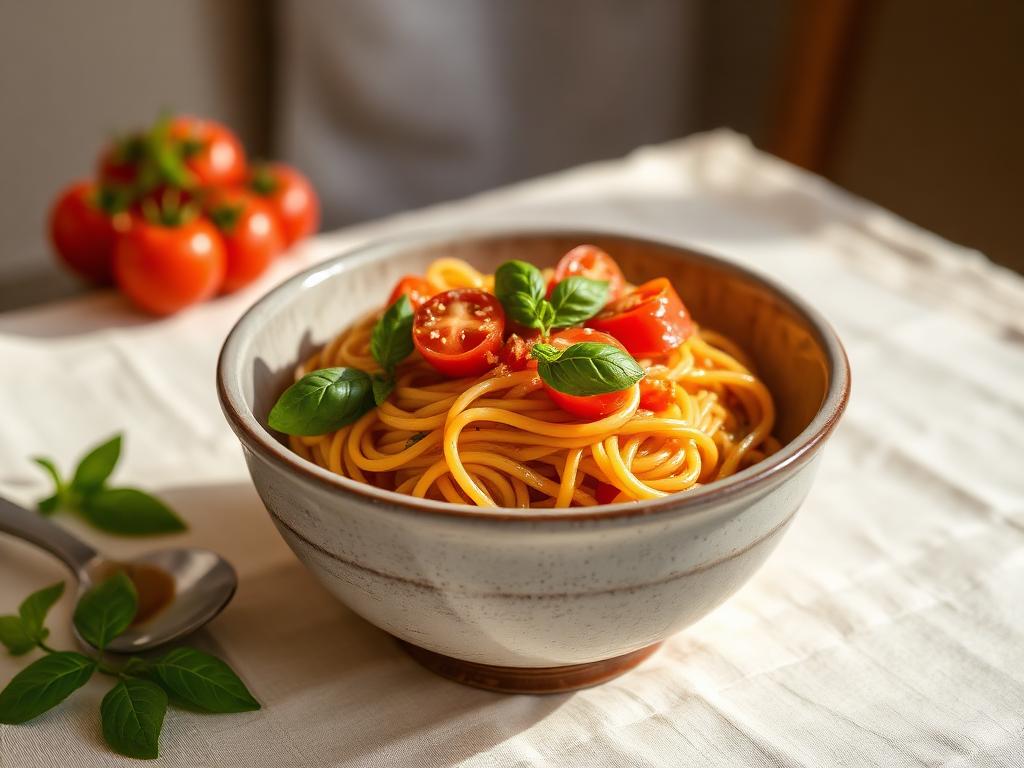 Tomato basil pasta in a bowl